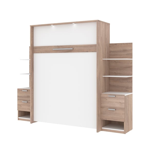 Cielo 105W Queen Murphy Bed with Floating Shelves and Drawers (104W), Rustic Brown & White